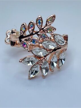 Rose Gold Tone Crystal Leaf Stretch Ring Nature Inspired Glam